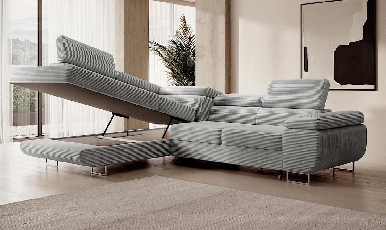 Narożnik z funkcją spania Stevil L-kształtny z pojemnikiem jasnoszary sztruks lewostronny  - zdjęcie 6