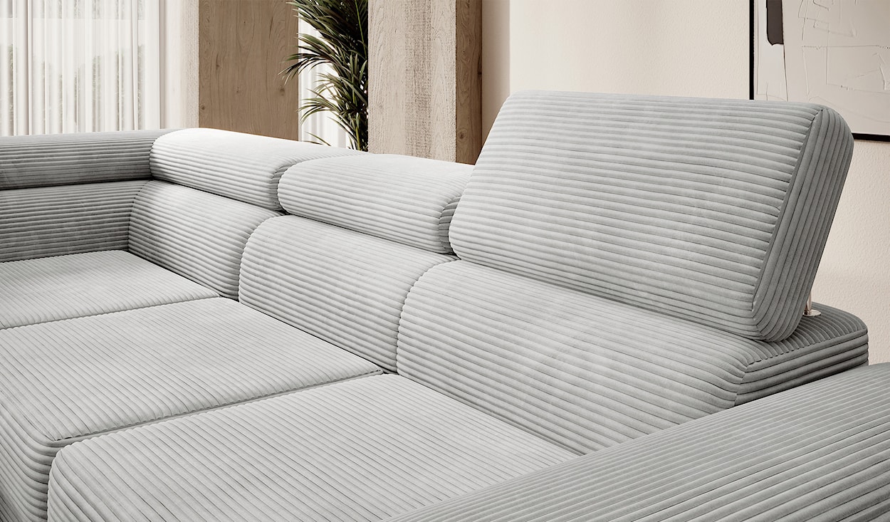 Narożnik z funkcją spania Stevil L-kształtny z pojemnikiem jasnoszary sztruks lewostronny  - zdjęcie 7