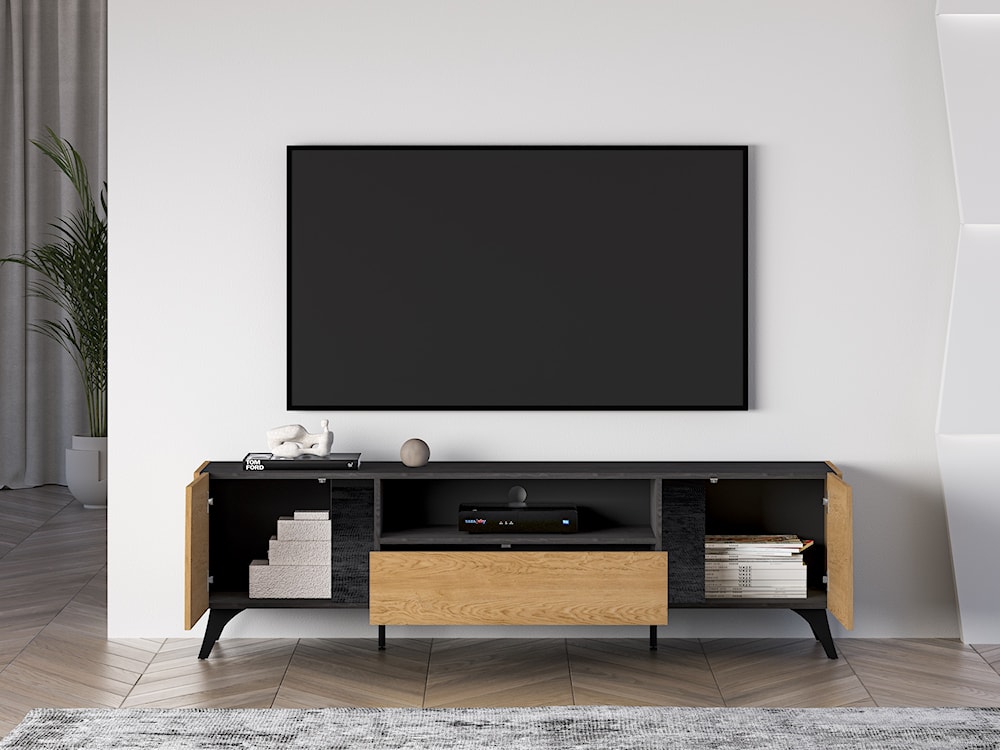 Szafka RTV dwudrzwiowa Toscania z szufladą i wnęką 180 cm dąb baltic dune/jesion portland czarny  - zdjęcie 7