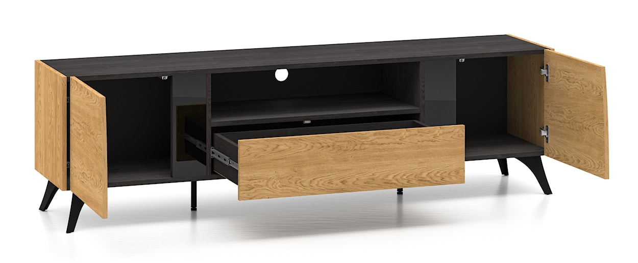 Szafka RTV dwudrzwiowa Toscania z szufladą i wnęką 180 cm dąb baltic dune/jesion portland czarny  - zdjęcie 8