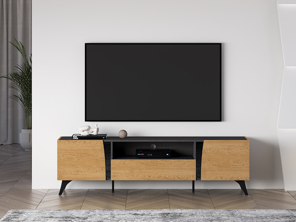 Szafka RTV dwudrzwiowa Toscania z szufladą i wnęką 180 cm dąb baltic dune/jesion portland czarny  - zdjęcie 2