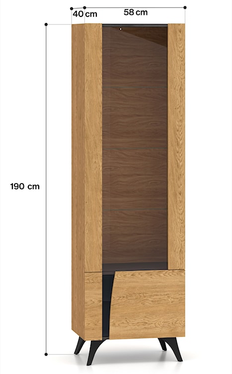 Witryna wysoka dwudrzwiowa Toscania z półkami i oświetleniem LED 58 cm dąb baltic dune/jesion portland czarny  - zdjęcie 8