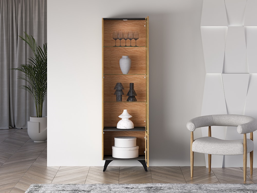 Witryna wysoka dwudrzwiowa Toscania z półkami i oświetleniem LED 58 cm dąb baltic dune/jesion portland czarny  - zdjęcie 5