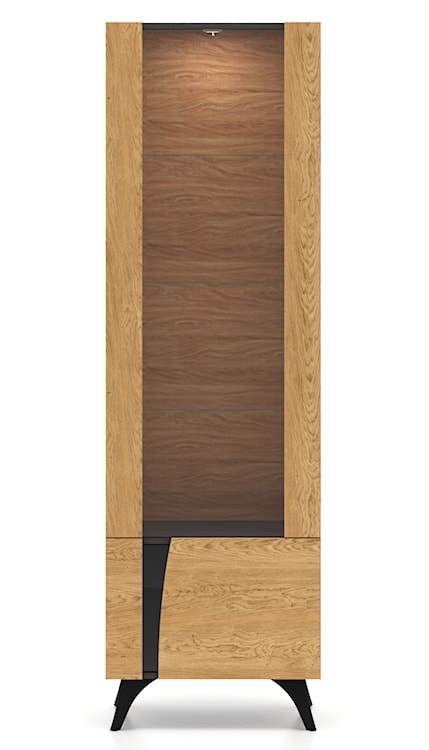 Witryna wysoka dwudrzwiowa Toscania z półkami i oświetleniem LED 58 cm dąb baltic dune/jesion portland czarny  - zdjęcie 4
