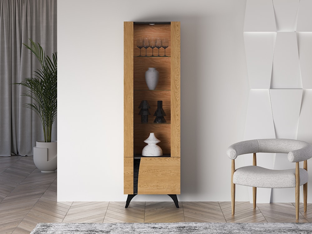 Witryna wysoka dwudrzwiowa Toscania z półkami i oświetleniem LED 58 cm dąb baltic dune/jesion portland czarny  - zdjęcie 2