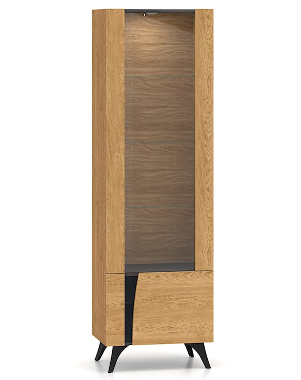 Witryna wysoka dwudrzwiowa Toscania z półkami i oświetleniem LED 58 cm dąb baltic dune/jesion portland czarny 