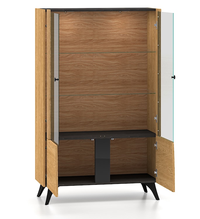 Witryna niska czterodrzwiowa Toscania z półkami i oświetleniem LED 95 cm dąb baltic dune/jesion portland czarny  - zdjęcie 7