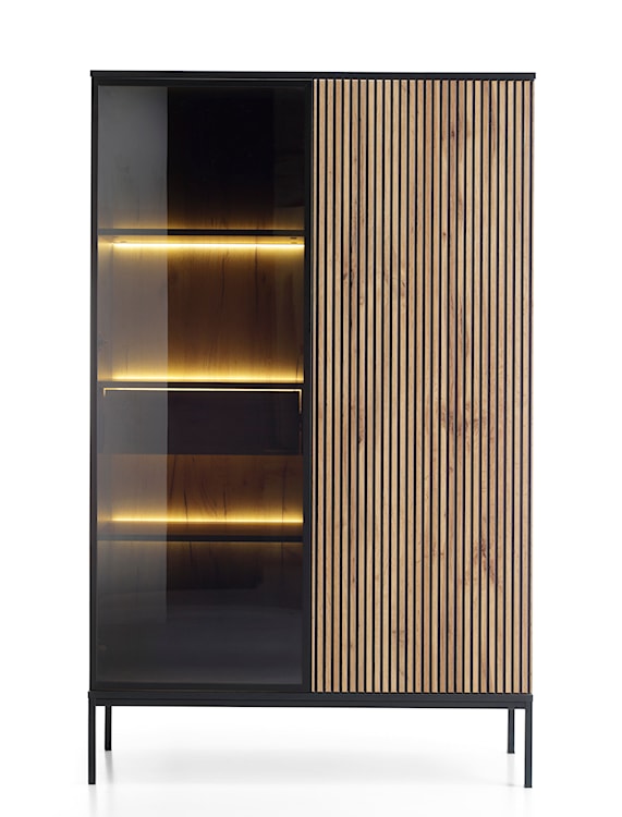 Witryna wysoka Tosena dwudrzwiowa z szufladą i oświetleniem LED 104 cm Czarny/Dąb wotan   - zdjęcie 4