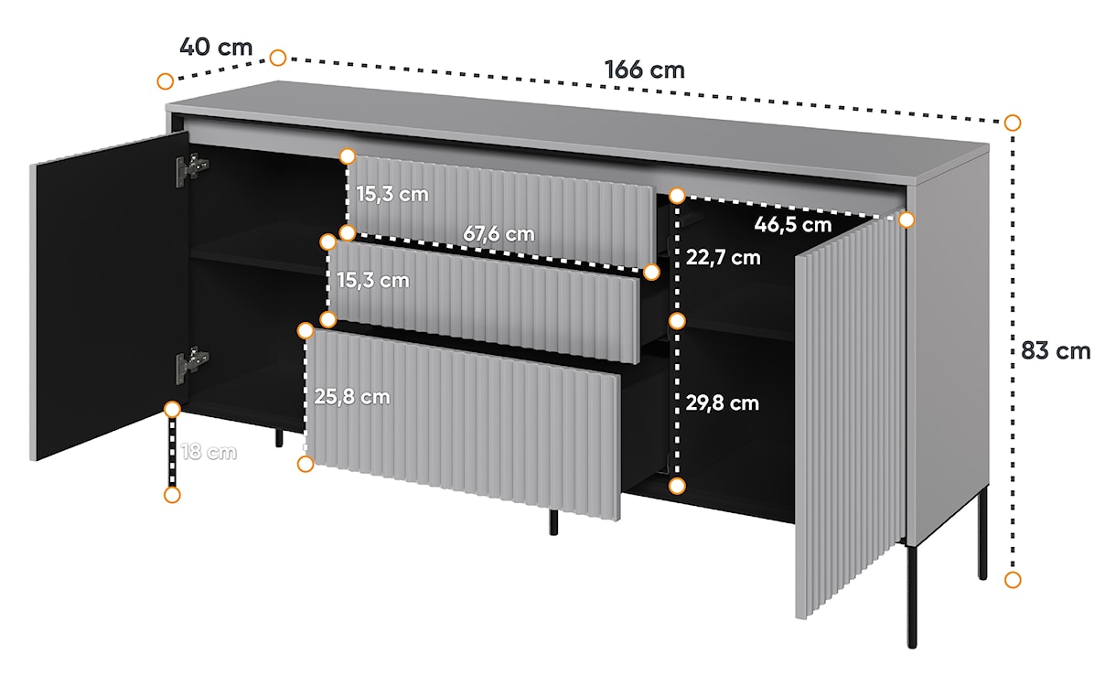 Komoda dwudrzwiowa Trend 166 cm z trzema szufladami z LED Szara  - zdjęcie 4