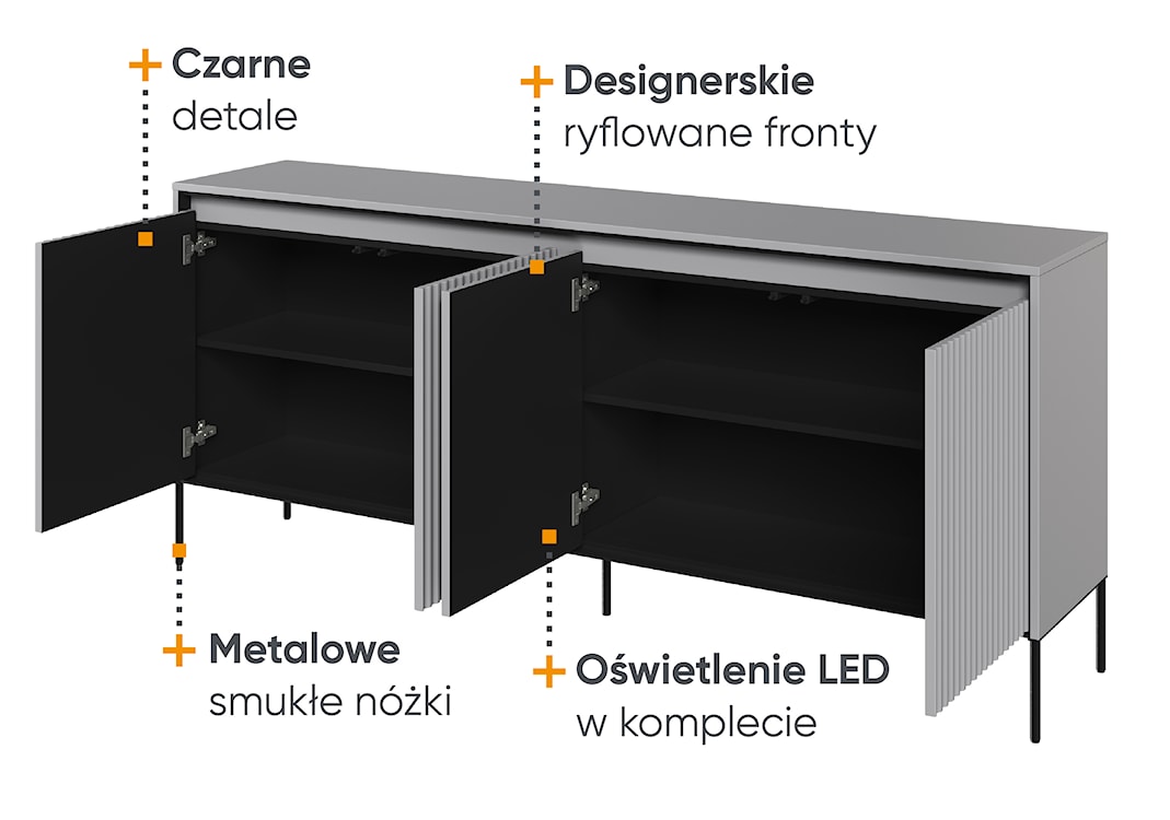 Komoda czterodrzwiowa Trend niska 193 cm z LED Szara  - zdjęcie 4