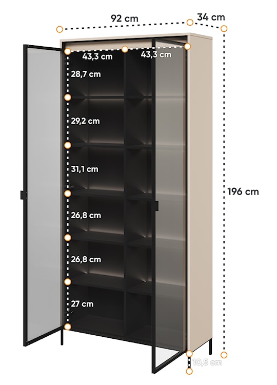 Witryna dwudrzwiowa Trend 92 cm Beżowa z LEDami półkowymi  - zdjęcie 5