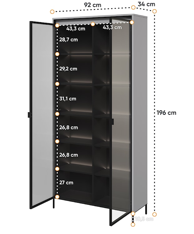 Witryna dwudrzwiowa Trend 92 cm Szara z LEDami półkowymi  - zdjęcie 4