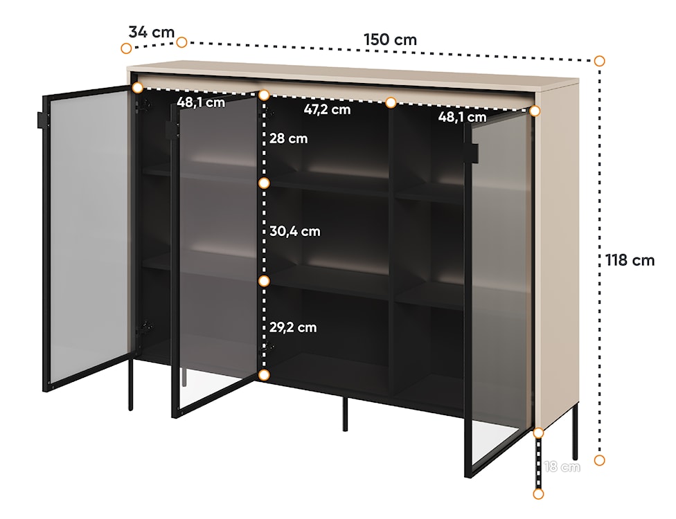 Witryna trzydrzwiowa Trend 150 cm Beżowa z LEDami półkowymi  - zdjęcie 4