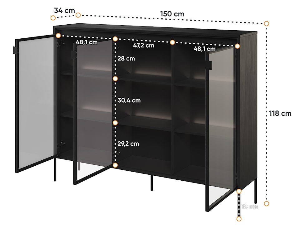 Witryna trzydrzwiowa Trend 150 cm Czarna z LEDami półkowymi  - zdjęcie 4