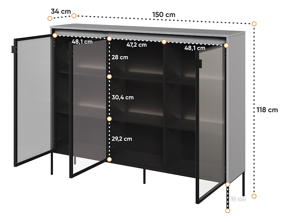 Witryna trzydrzwiowa Trend 150 cm Szara z LEDami półkowymi  - zdjęcie 4