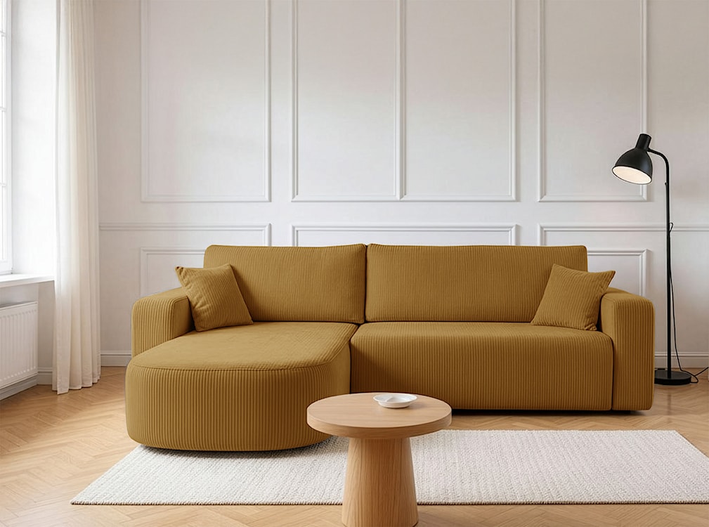 Narożnik z funkcją spania Teeo L-kształtny uniwersalny z pojemnikiem musztardowy sztruks  - zdjęcie 2