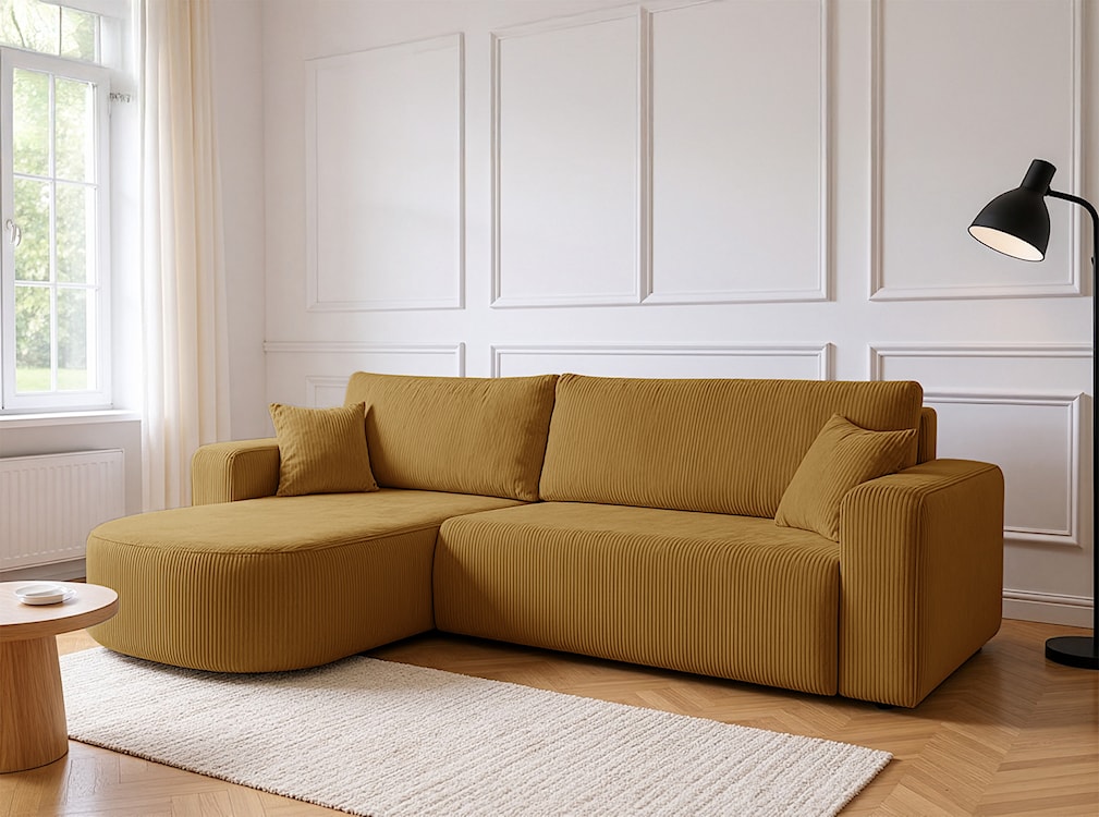 Narożnik z funkcją spania Teeo L-kształtny uniwersalny z pojemnikiem musztardowy sztruks  - zdjęcie 5