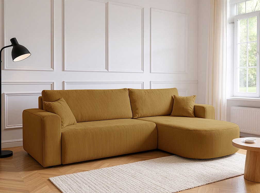 Narożnik z funkcją spania Teeo L-kształtny uniwersalny z pojemnikiem musztardowy sztruks  - zdjęcie 5