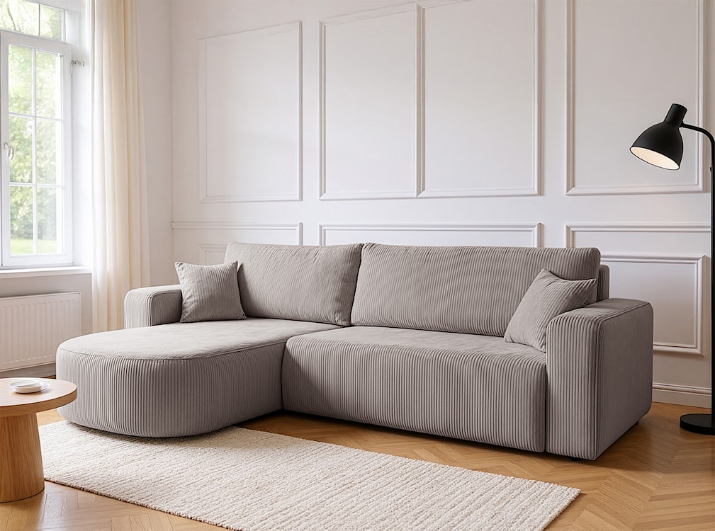 Narożnik z funkcją spania Teeo L-kształtny uniwersalny z pojemnikiem beżowy sztruks  - zdjęcie 5