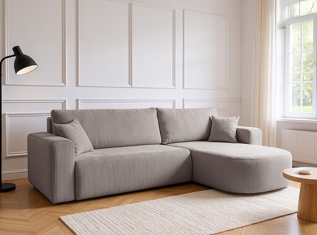 Narożnik z funkcją spania Teeo L-kształtny uniwersalny z pojemnikiem beżowy sztruks  - zdjęcie 5