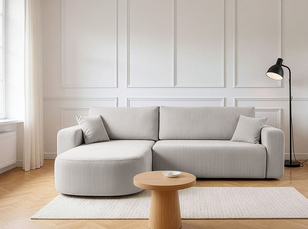 Narożnik z funkcją spania Teeo L-kształtny uniwersalny z pojemnikiem jasnobeżowy sztruks  - zdjęcie 2