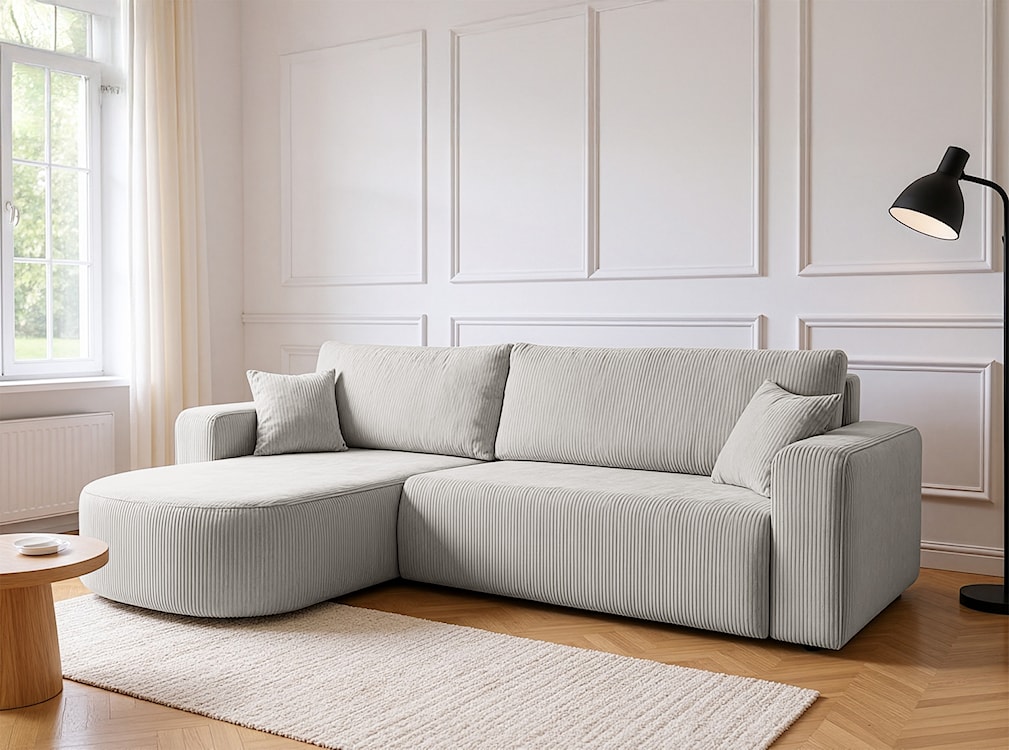 Narożnik z funkcją spania Teeo L-kształtny uniwersalny z pojemnikiem jasnobeżowy sztruks  - zdjęcie 5