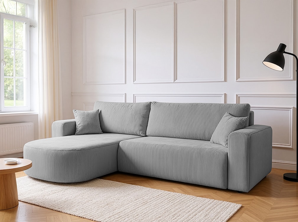 Narożnik z funkcją spania Teeo L-kształtny uniwersalny z pojemnikiem jasnoszary sztruks  - zdjęcie 5