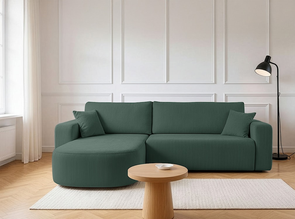 Narożnik z funkcją spania Teeo L-kształtny uniwersalny z pojemnikiem ciemnozielony sztruks  - zdjęcie 2