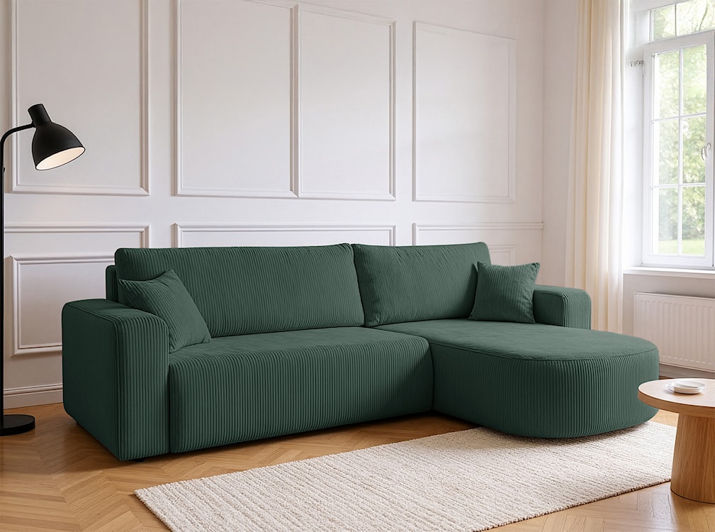 Narożnik z funkcją spania Teeo L-kształtny uniwersalny z pojemnikiem ciemnozielony sztruks  - zdjęcie 5