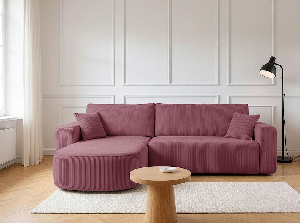 Narożnik z funkcją spania Teeo L-kształtny uniwersalny z pojemnikiem ciemnoróżowy sztruks  - zdjęcie 2