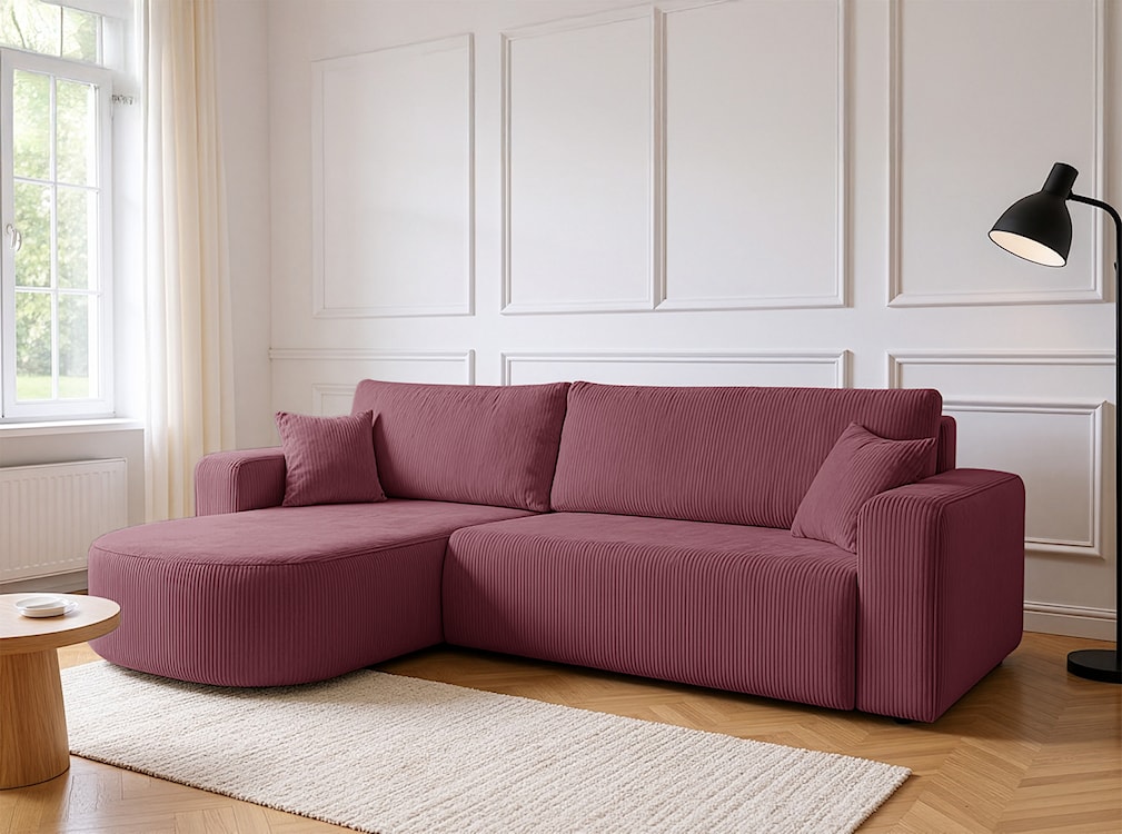 Narożnik z funkcją spania Teeo L-kształtny uniwersalny z pojemnikiem ciemnoróżowy sztruks  - zdjęcie 5