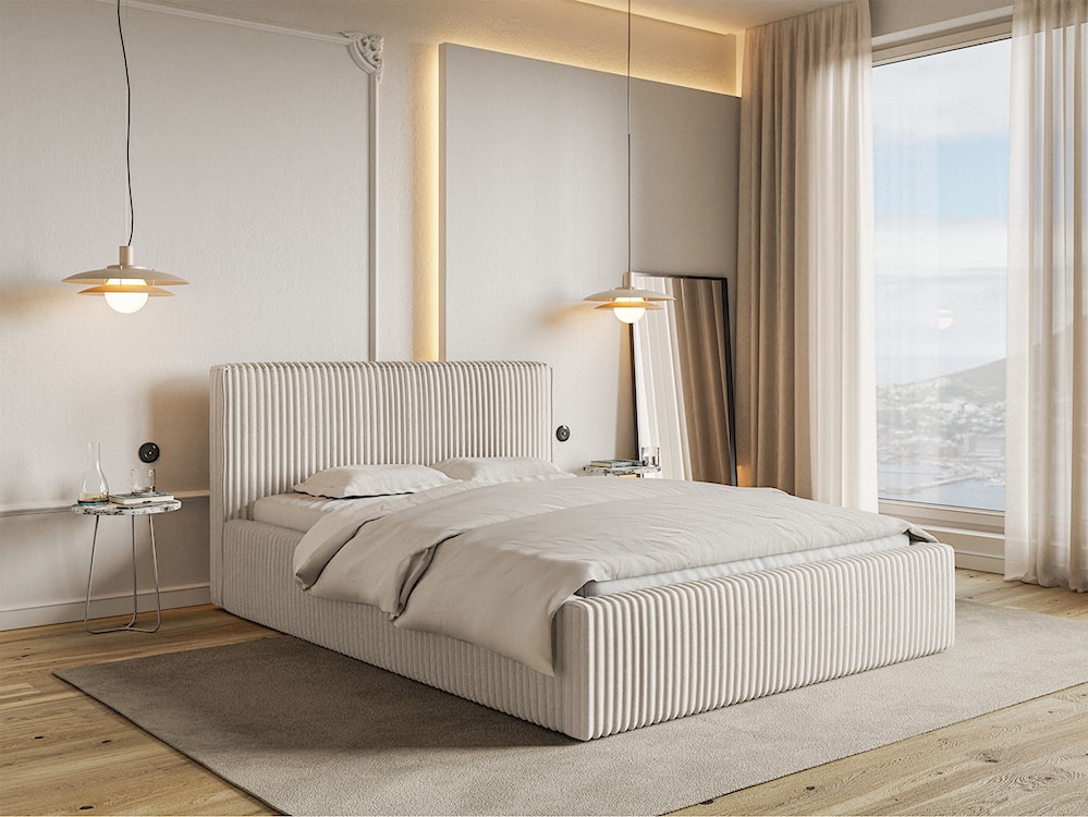 Łóżko tapicerowane 160x200 cm Tilio z pojemnikiem stelaż metalowy kremowe gruby sztruks  - zdjęcie 3