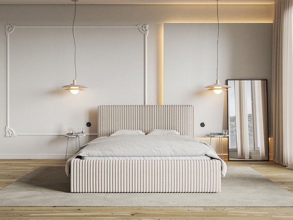 Łóżko tapicerowane 160x200 cm Tilio z pojemnikiem stelaż metalowy kremowe gruby sztruks  - zdjęcie 2