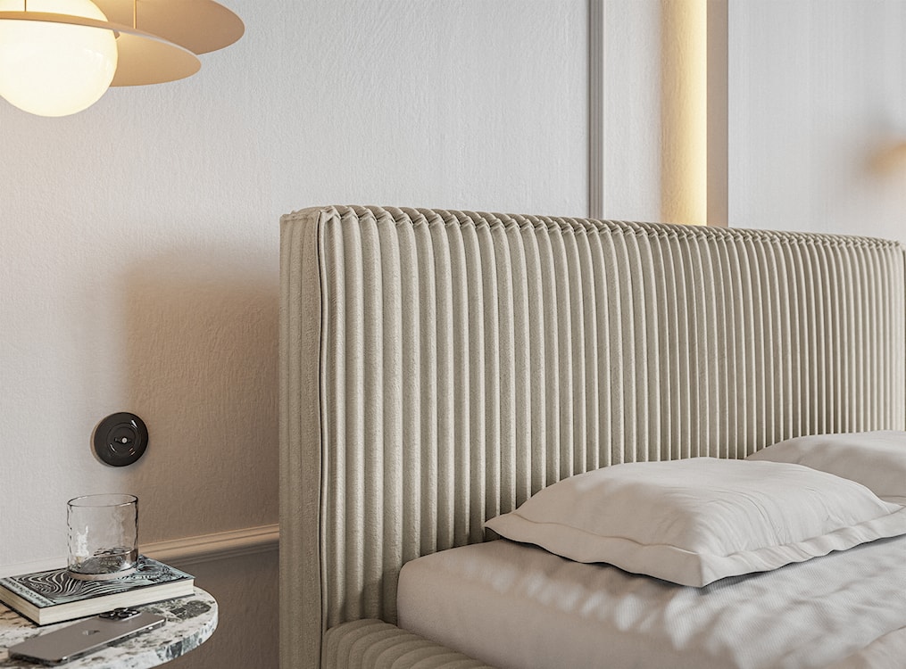 Łóżko tapicerowane 160x200 cm Tilio z pojemnikiem stelaż metalowy jasnobeżowe gruby sztruks  - zdjęcie 5
