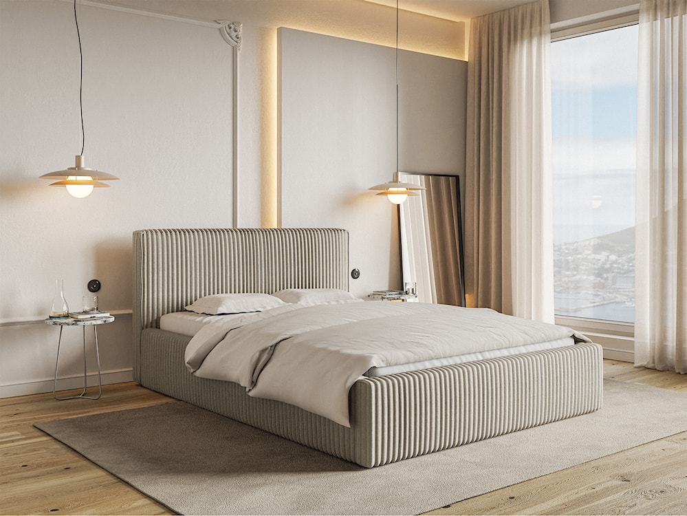 Łóżko tapicerowane 160x200 cm Tilio z pojemnikiem stelaż metalowy jasnobeżowe gruby sztruks  - zdjęcie 3