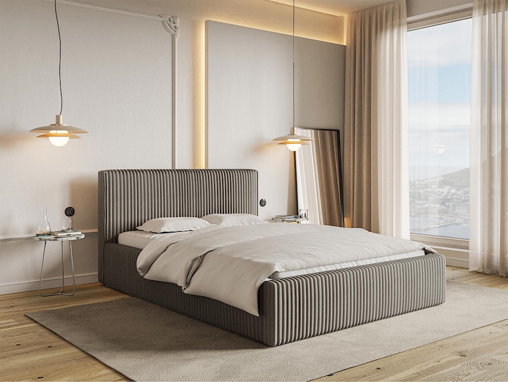 Łóżko tapicerowane 160x200 cm Tilio z pojemnikiem stelaż metalowy szarobeżowe gruby sztruks  - zdjęcie 3
