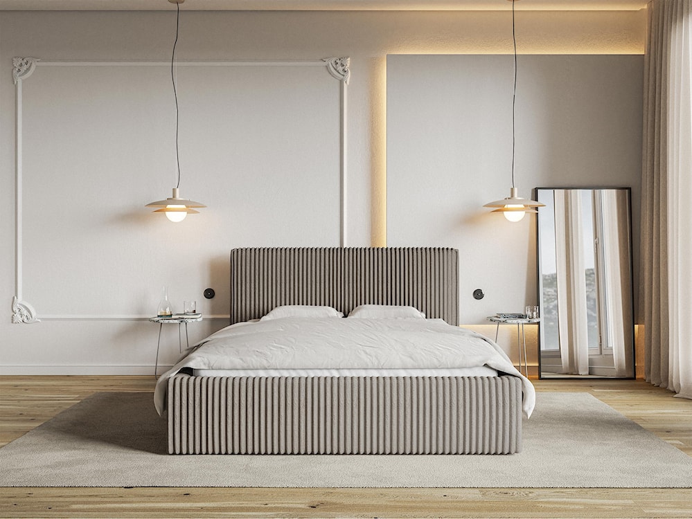 Łóżko tapicerowane 160x200 cm Tilio z pojemnikiem stelaż metalowy szarobeżowe gruby sztruks  - zdjęcie 2