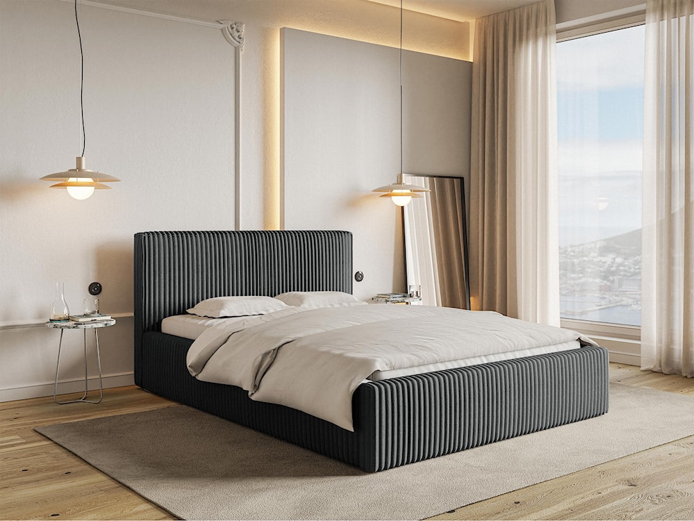 Łóżko tapicerowane 160x200 cm Tilio z pojemnikiem stelaż metalowy szare gruby sztruks  - zdjęcie 3