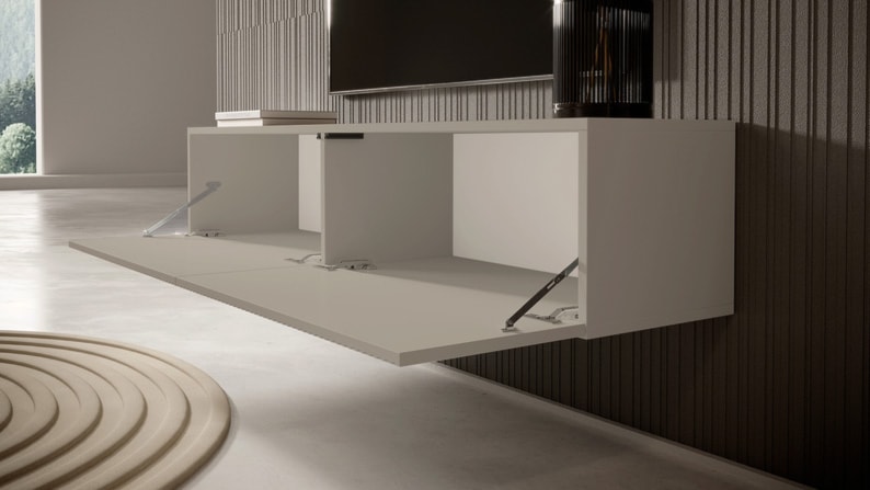 Szafka RTV Veldio z frezowanym frontem 140 cm Szary beż wisząca  - zdjęcie 6