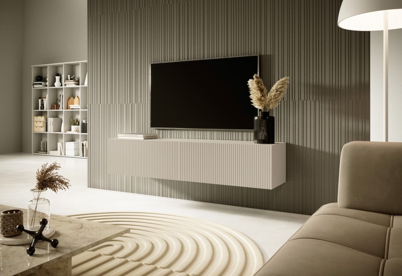 Szafka RTV Veldio z frezowanym frontem 140 cm Szary beż wisząca  - zdjęcie 5