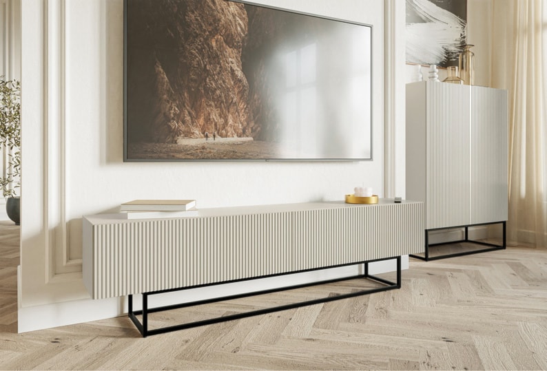Szafka RTV Veldio z frezowanym frontem 175 cm Szary beż z czarnymi nogami  - zdjęcie 3