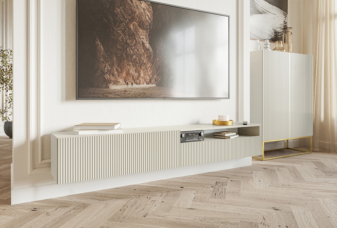 Szafka RTV Veldio z frezowanym frontem z wnęką 175 cm Szary beż wisząca  - zdjęcie 3