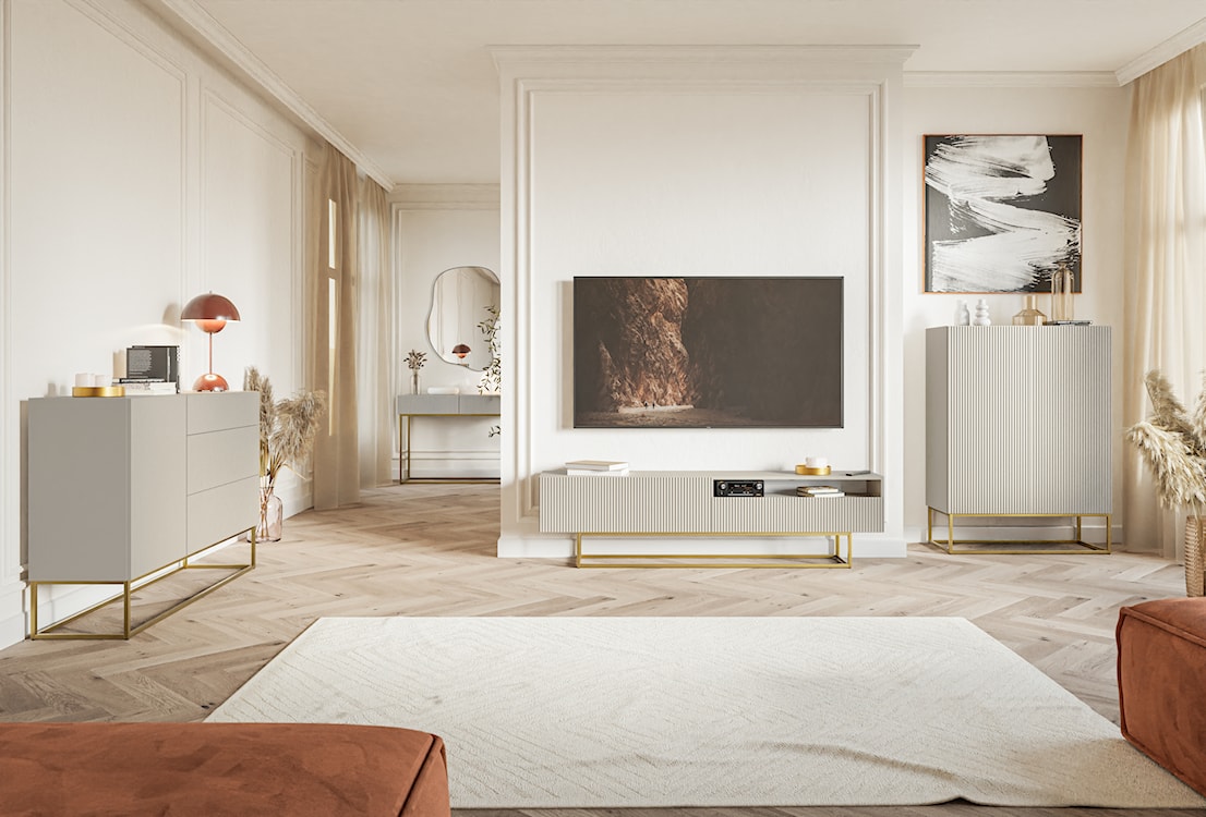 Komoda dwudrzwiowa Veldio z frezowanym frontem 90 cm Szary beż ze złotymi nogami   - zdjęcie 5