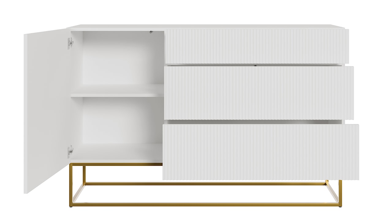 Komoda jednodrzwiowa Veldio z frezowanym frontem i trzema szufladami 140 cm Biała ze złotymi nogami  - zdjęcie 7