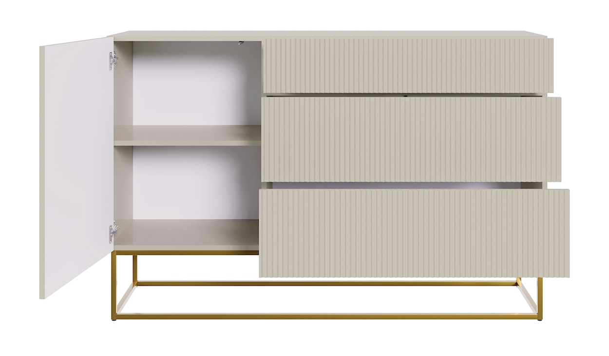 Komoda jednodrzwiowa Veldio z frezowanym frontem i trzema szufladami 140 cm Szary beż ze złotymi nogami  - zdjęcie 6