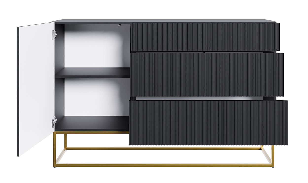 Komoda jednodrzwiowa Veldio z frezowanym frontem i trzema szufladami 140 cm Czarna ze złotymi nogami  - zdjęcie 6