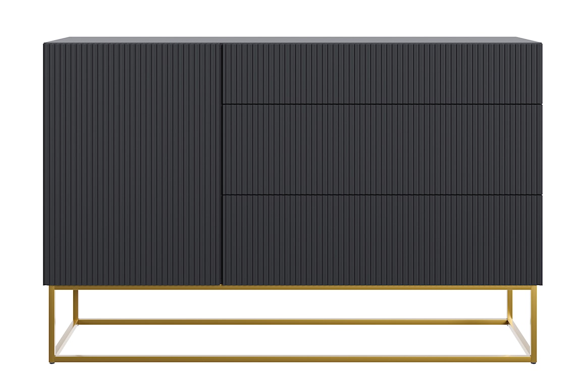 Komoda jednodrzwiowa Veldio z frezowanym frontem i trzema szufladami 140 cm Czarna ze złotymi nogami  - zdjęcie 4