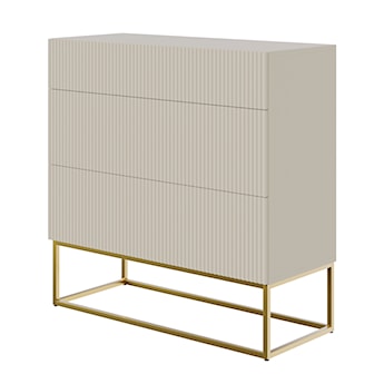 Komoda Veldio z frezowanym frontem i trzema szufladami 90 cm Szary beż ze złotymi nogami