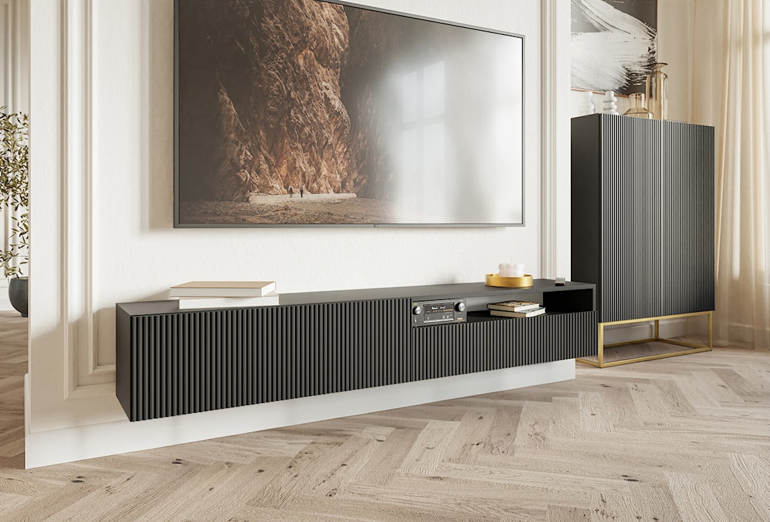 Szafka RTV Veldio z frezowanym frontem i wnęką 175 cm Czarna wisząca  - zdjęcie 2