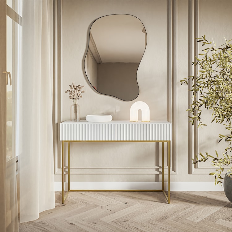 Toaletka Veldio z frezowanym frontem i dwiema szufladami 110 cm Biała ze złotymi nogami  - zdjęcie 2